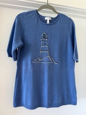NWOT Blue Quarter-Sleeve Knit Sweater with Lighthouse Motif